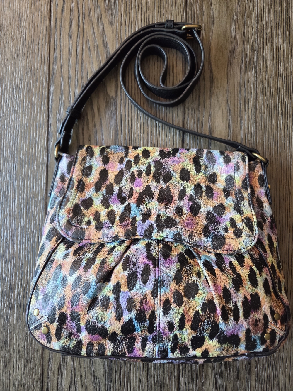 American Leather Co. Rainbow Leopard Print Leather Flap Crossbody Bag